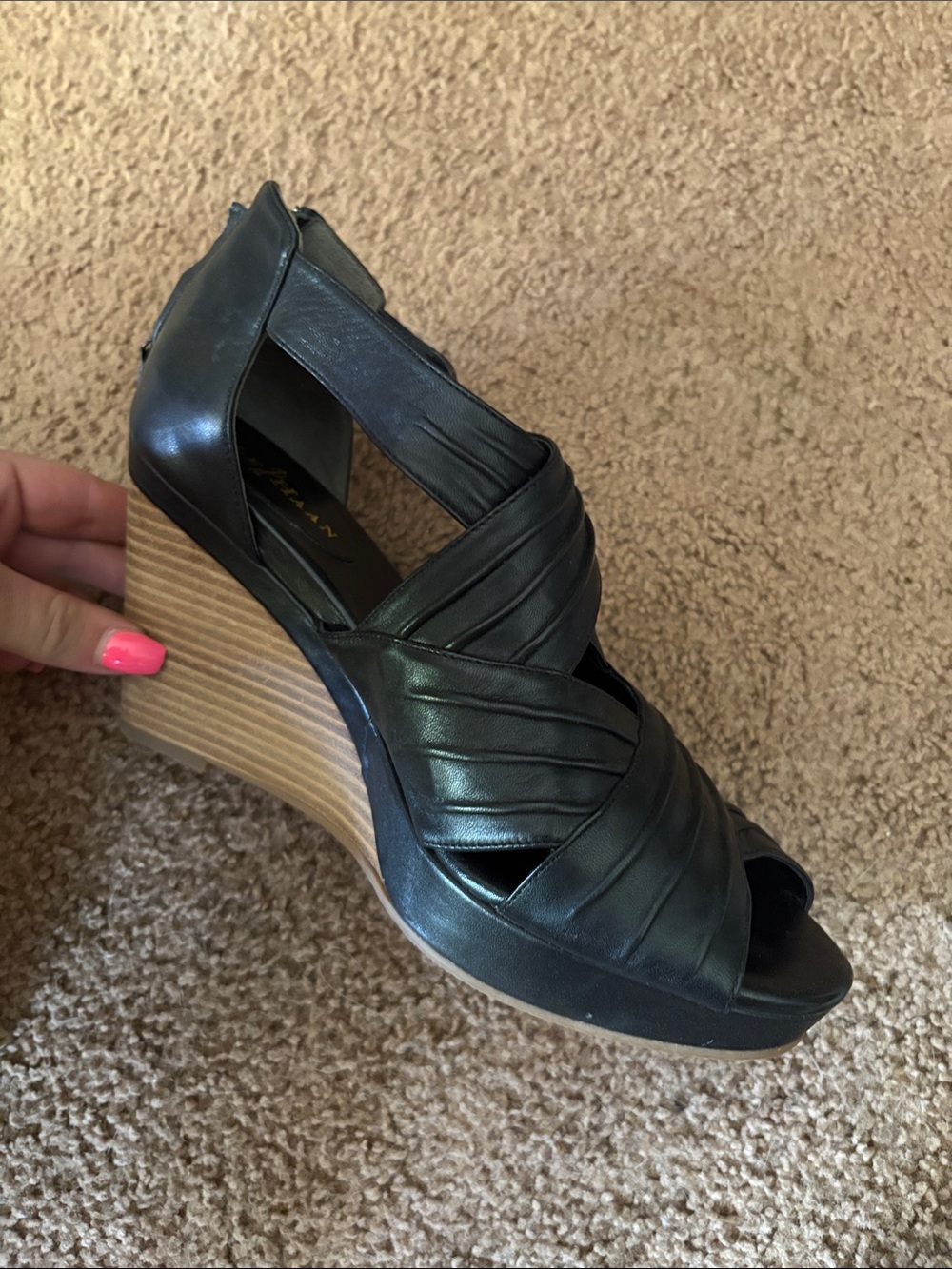 Cole Haan Black Leather Crisscross Wedge Sandals with Stacked Tan Heel
